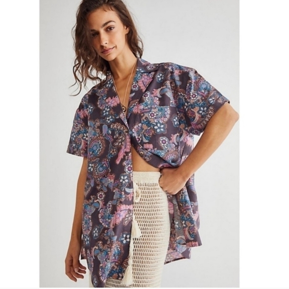 New Free People Poolside Printed Boyfriend Button Down Shirt Vintage Combo Gray - Picture 1 of 13